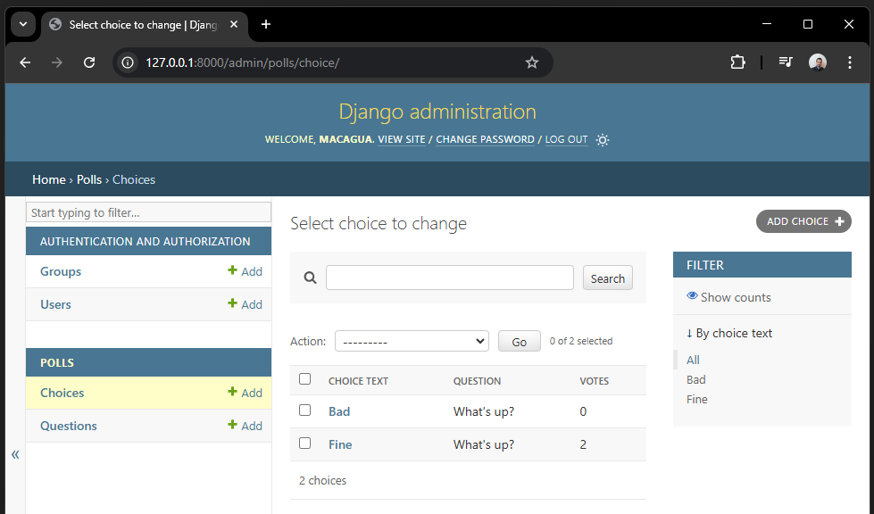 El admin.ModelAdmin extiende el modelo Choice en el Django Admin