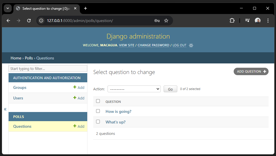 Modelo Question desde el Django Admin