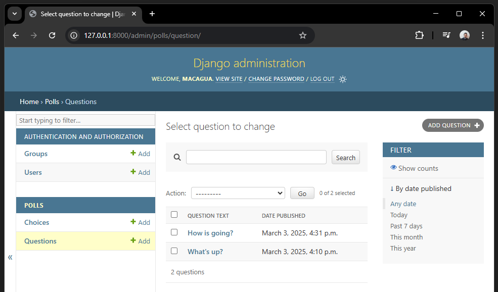 El admin.ModelAdmin extiende el modelo Question en el Django Admin